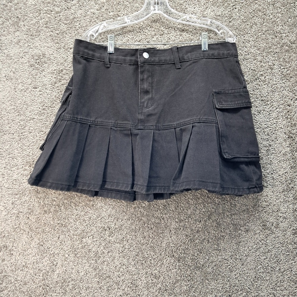 Romwe‎ Black Denim Cargo Pleated Mini Skirt Utility Streetwear Women Size L